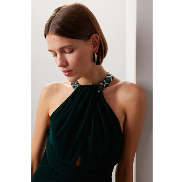 Lauren Ralph Lauren Size 2 Adelbola Green Velvet Beaded Halter Gown Maxi Dress - Picture 3 of 7